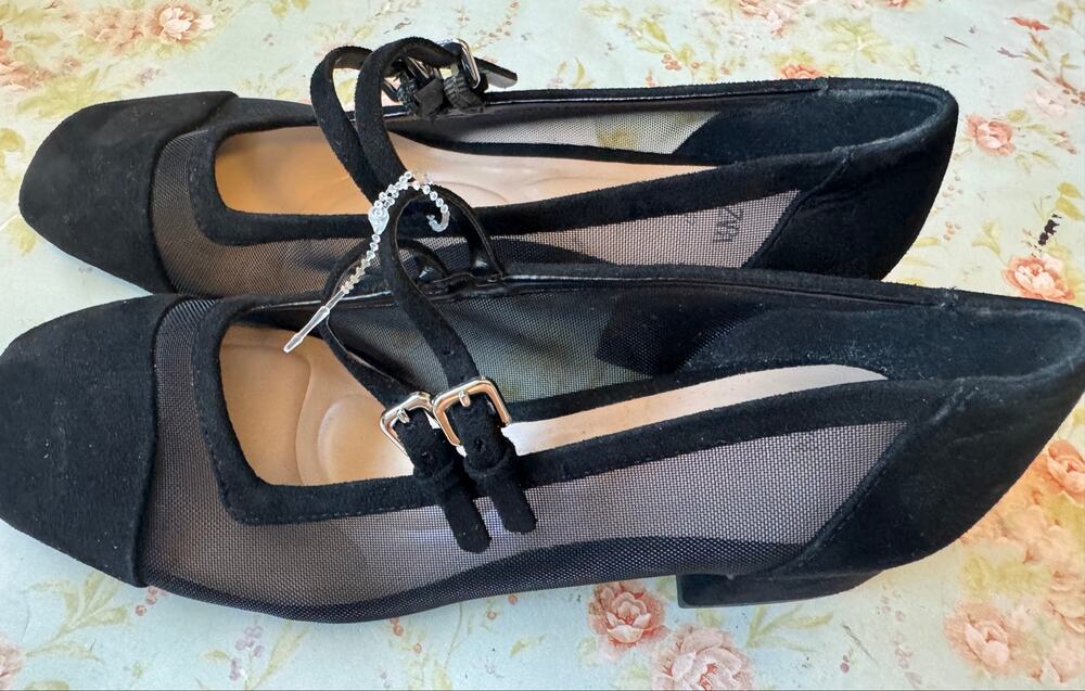 NWT Zara Black Mesh Double Strap Mary Jane Block Heels Square Toe EU 37/US 6.5